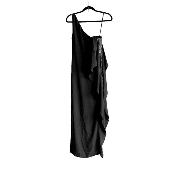 BCBGMAXAZRIA one-Shoulder ruffle glitter panel evening gown maxi dress black 0 - Picture 9 of 13